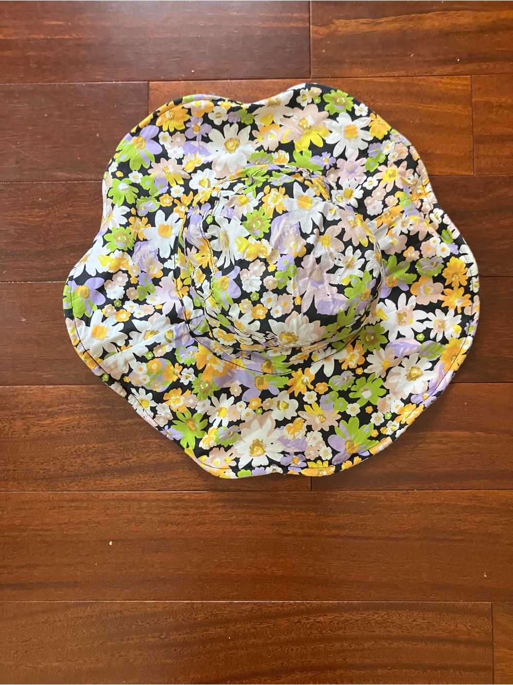 Mango Floral Wide-Brim Sun Hat in Black, White, Yellow & Green